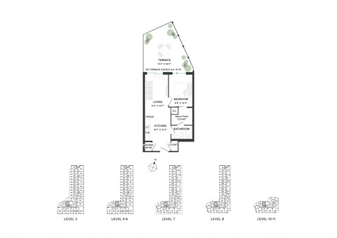 Floor plan for 1 bed, 1 bath, 532 sqft